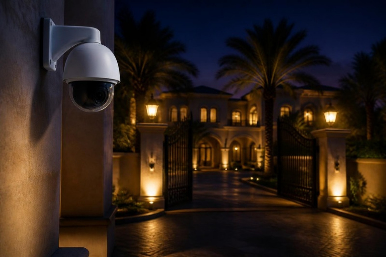 CCTV camera watching a compound entrance at night